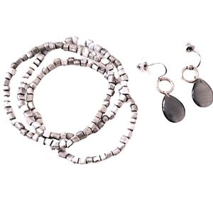 💞💗  Silver Stone Beaded Bracelet 3 pcs & Hoop Dangle Silver Gray Earrings Set